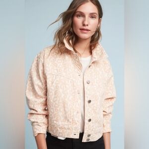 Anthropologie Pilcro Pink Leopard Print Cropped Button Jean Denim Jacket Size M